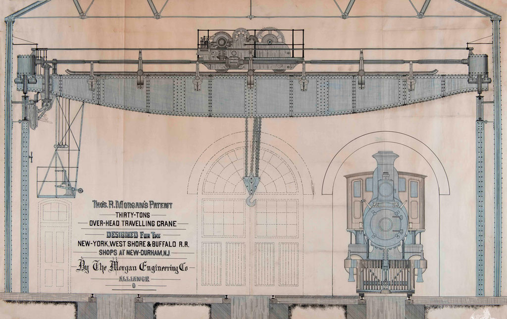White and blue original paper blueprint of Morgan’s first overhead traveling crane from the 1870s.