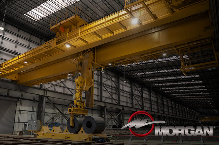 Morgan crane moving a roll of steel