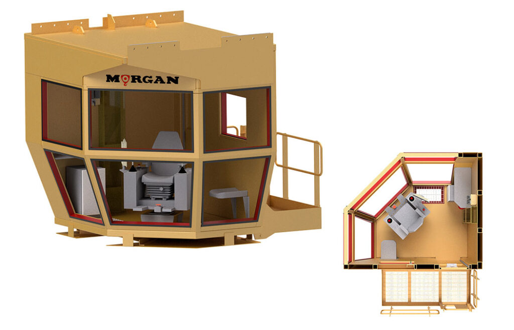 Front view and above view diagram of a crane cab.