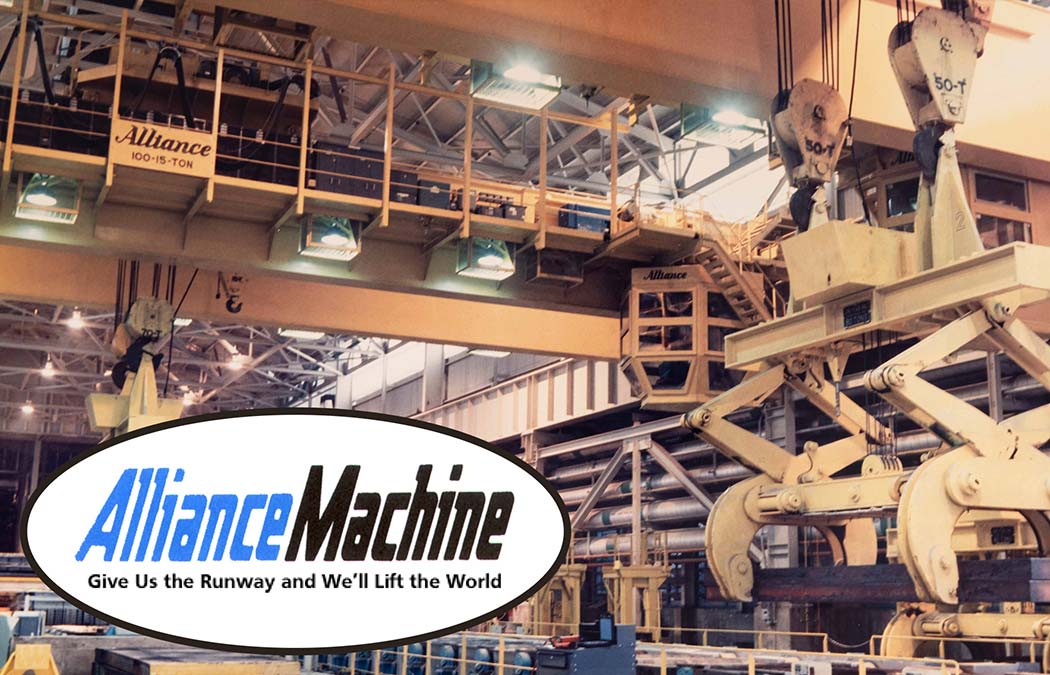 Alliance Machine Company logo overlaid on warehouse crane