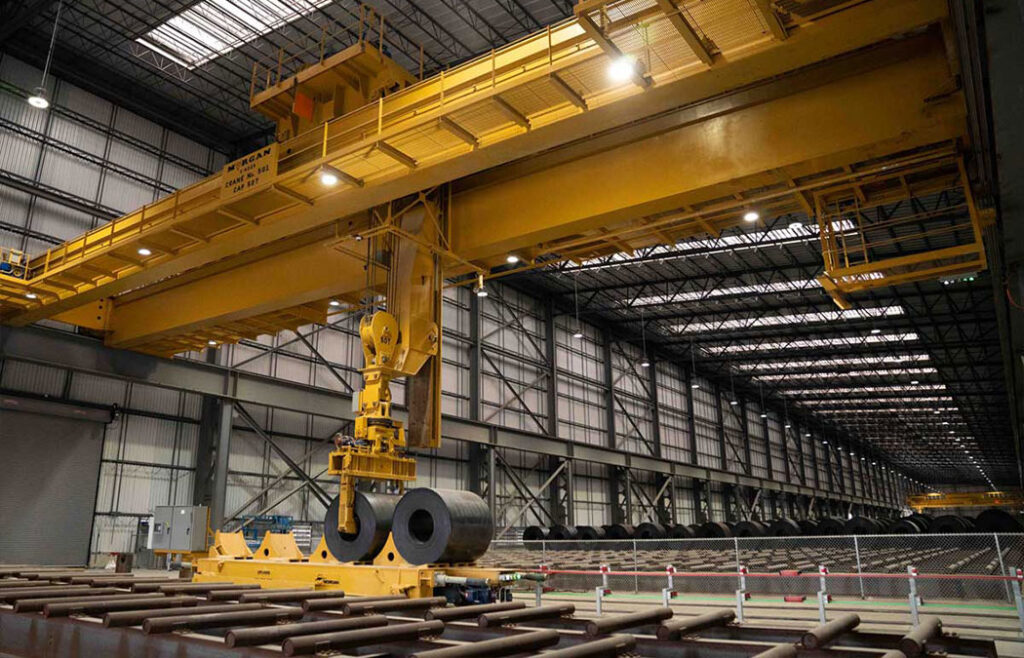 Coil crane at Big River Steel outfitted with a stiff leg trolley to allow for increased accuracy for the positioning of coils.