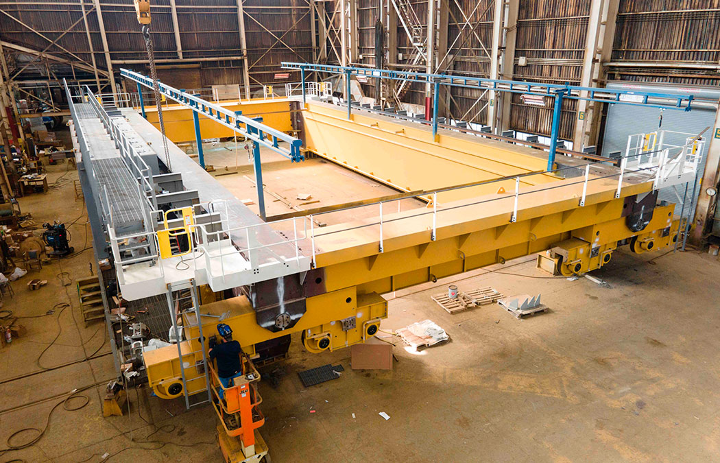 Overhead bridge crane being assembled inside the factory