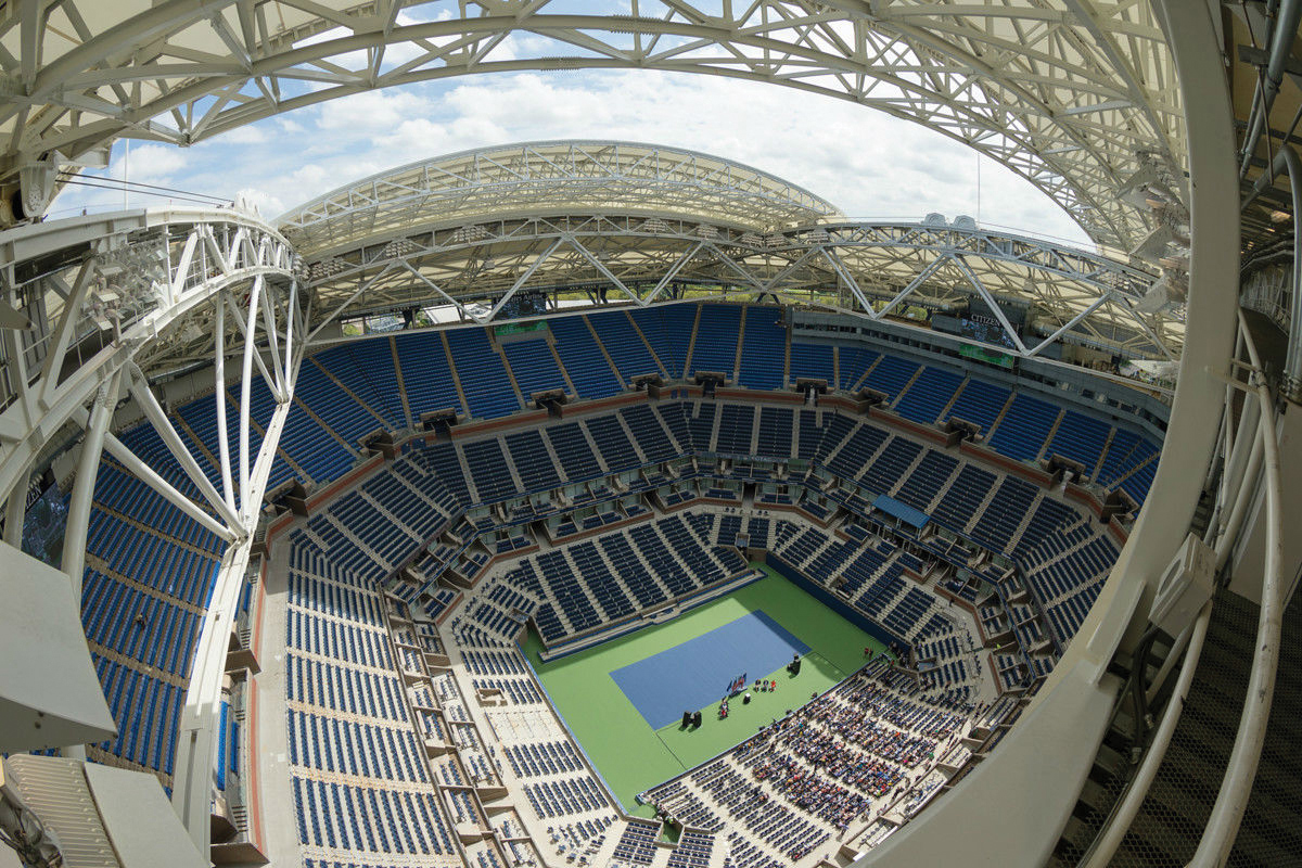 View from the top of Arthur Ashe tennis stadium, highlighting the new retractable roof.