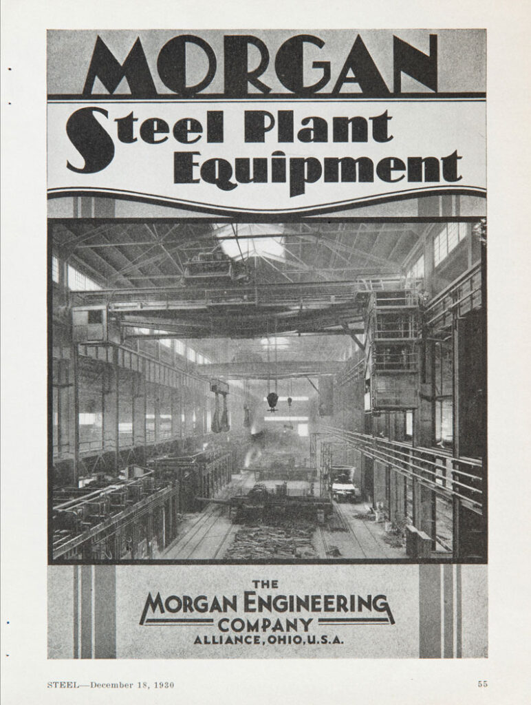 Historical flyer for steel plant equipment from the Morgan Engineering Company in Alliance, Ohio.