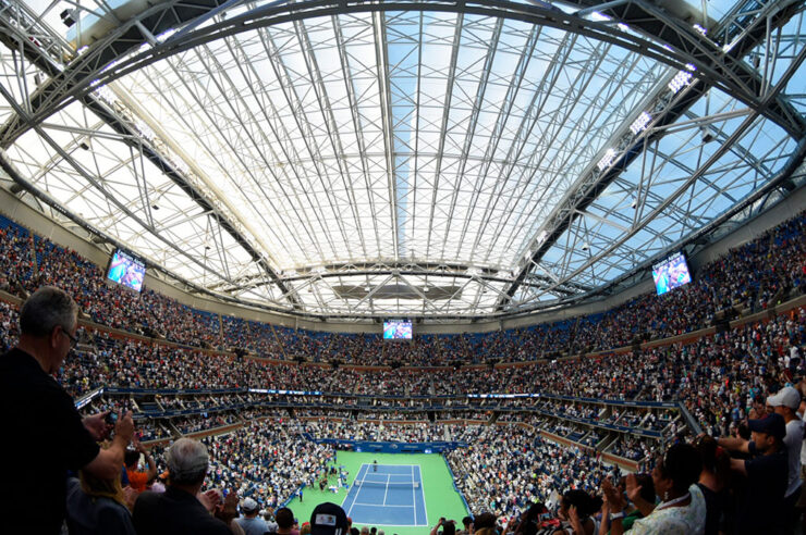 Arthur Ashe Stadium during a tennis match displaying their retractable roof