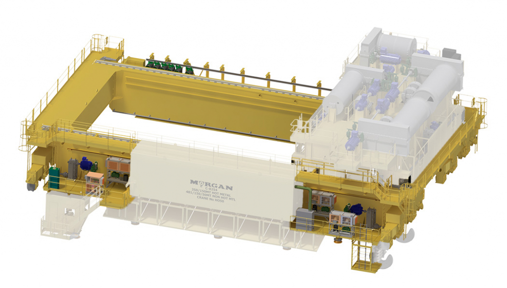Highlighted in this image is the bridge section of an overhead crane.