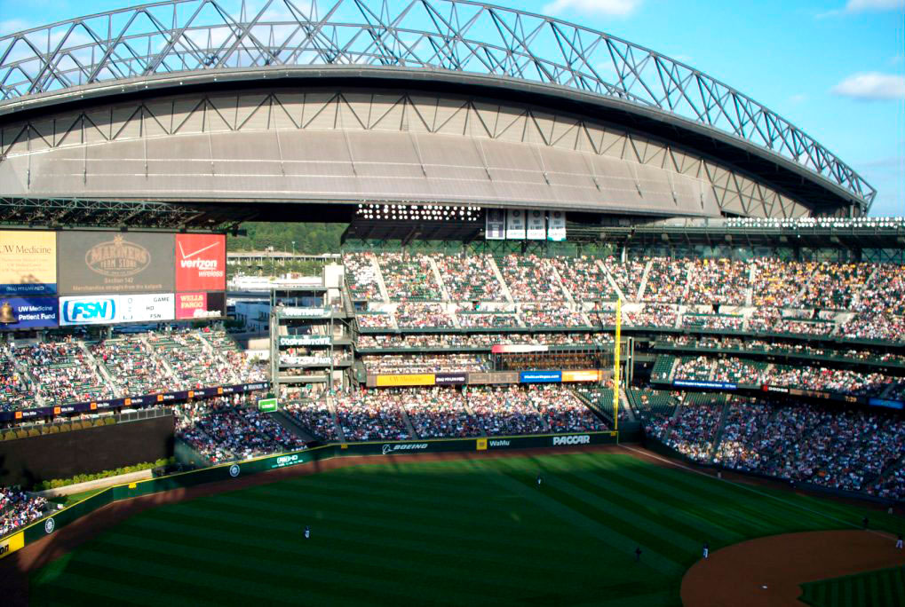 Safeco Stadium in Seattle, Washington full of people with a Morgan retractable roof.