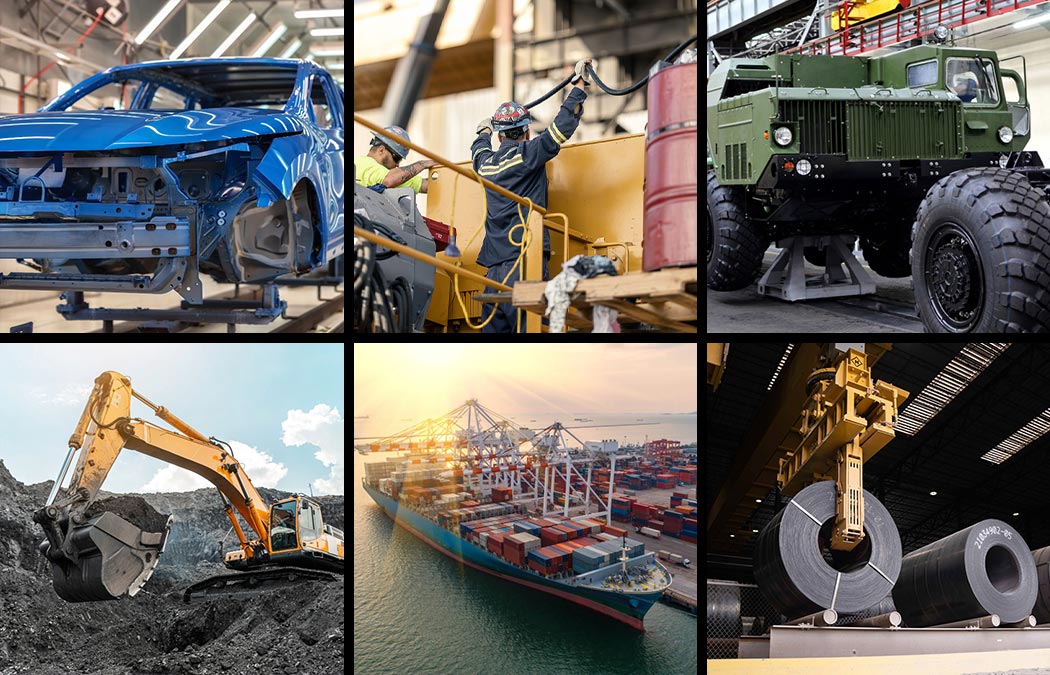 Collection of images: blue car on an assembly line, two men working construction, a military vehicle on an assembly line, an excavator digging a hole, a ship full of cargo, and a roll of steel being lowered by a crane.