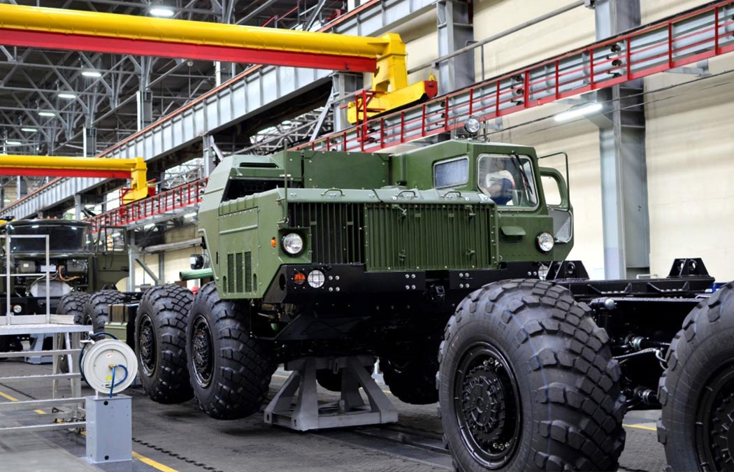Military vehicle being assembled on the production line.