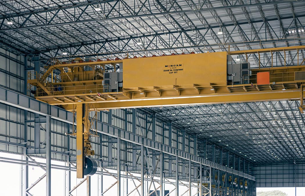 overhead crane moving steel coils