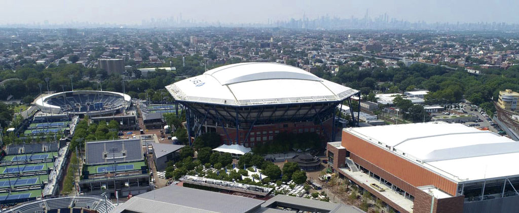 The exterior view of the world's largest United States Tennis Association building in New York with Morgan's retractable roof.