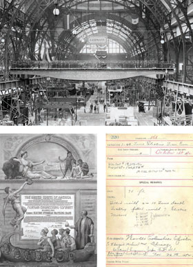 Collection of documents from the world's fair and the Morgan crane on display at the fair.