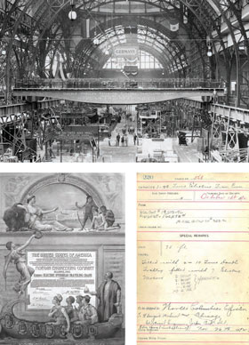 Collection of documents from the world's fair and the Morgan crane on display at the fair.